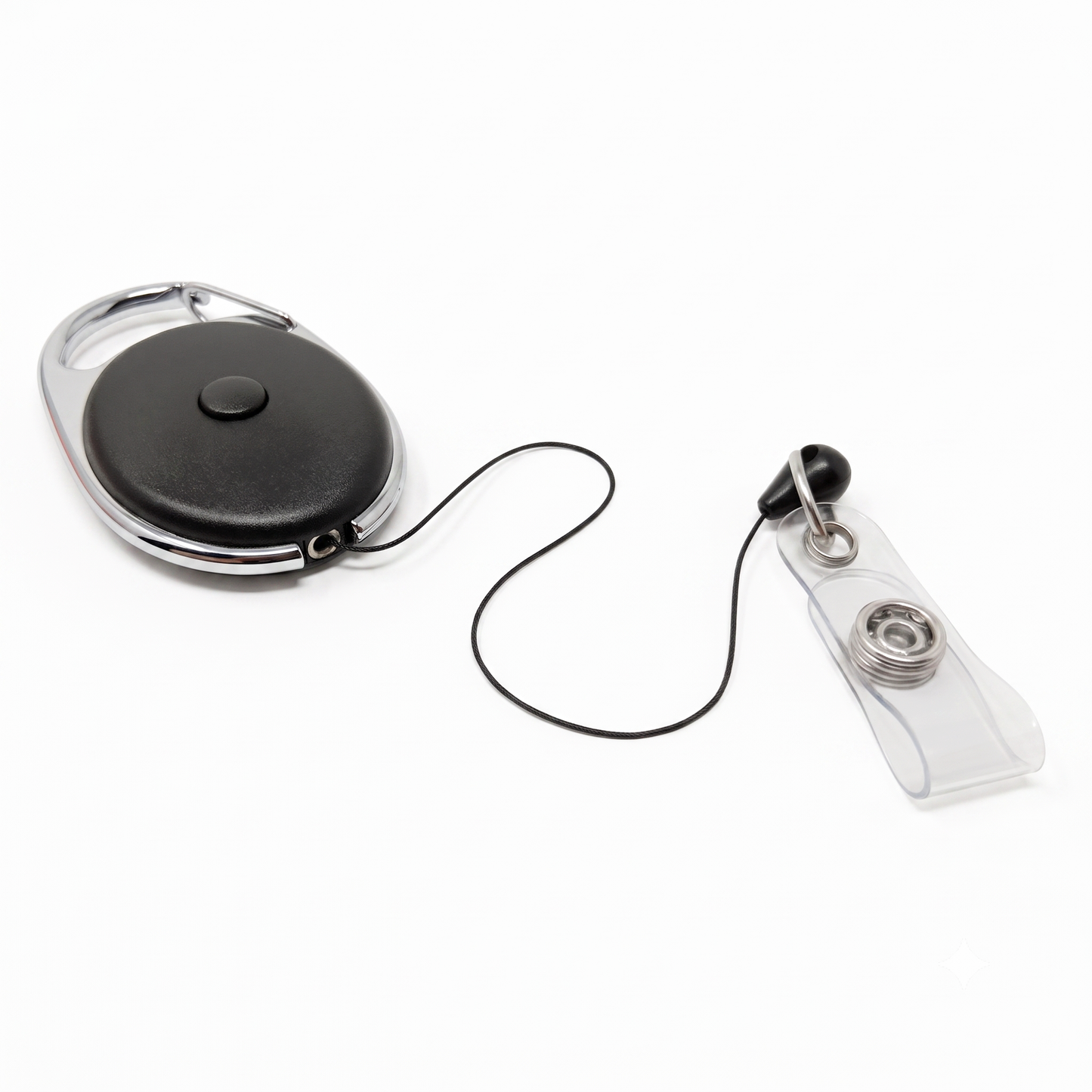 The Carabiner Locking Badge Reel with Push Button Cord Release (SPID-3530) features a black retractable reel, clear plastic strap, metal clip, and thin black cord for secure ID card holding against a white background.