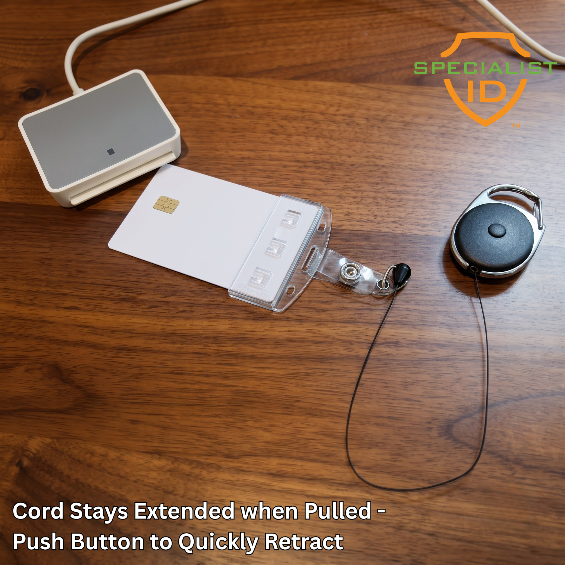 Locking retractable key card reel for workstation readers