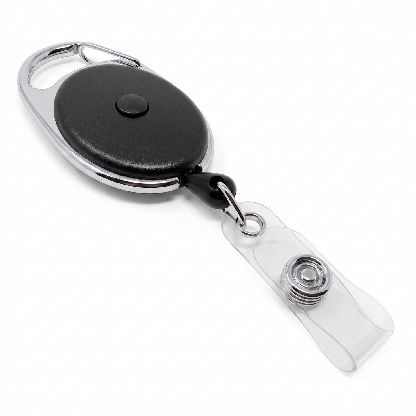 A retractable badge reel with a black oval face, silver metal frame with a push button cord release feature and a vinyl ID strap 