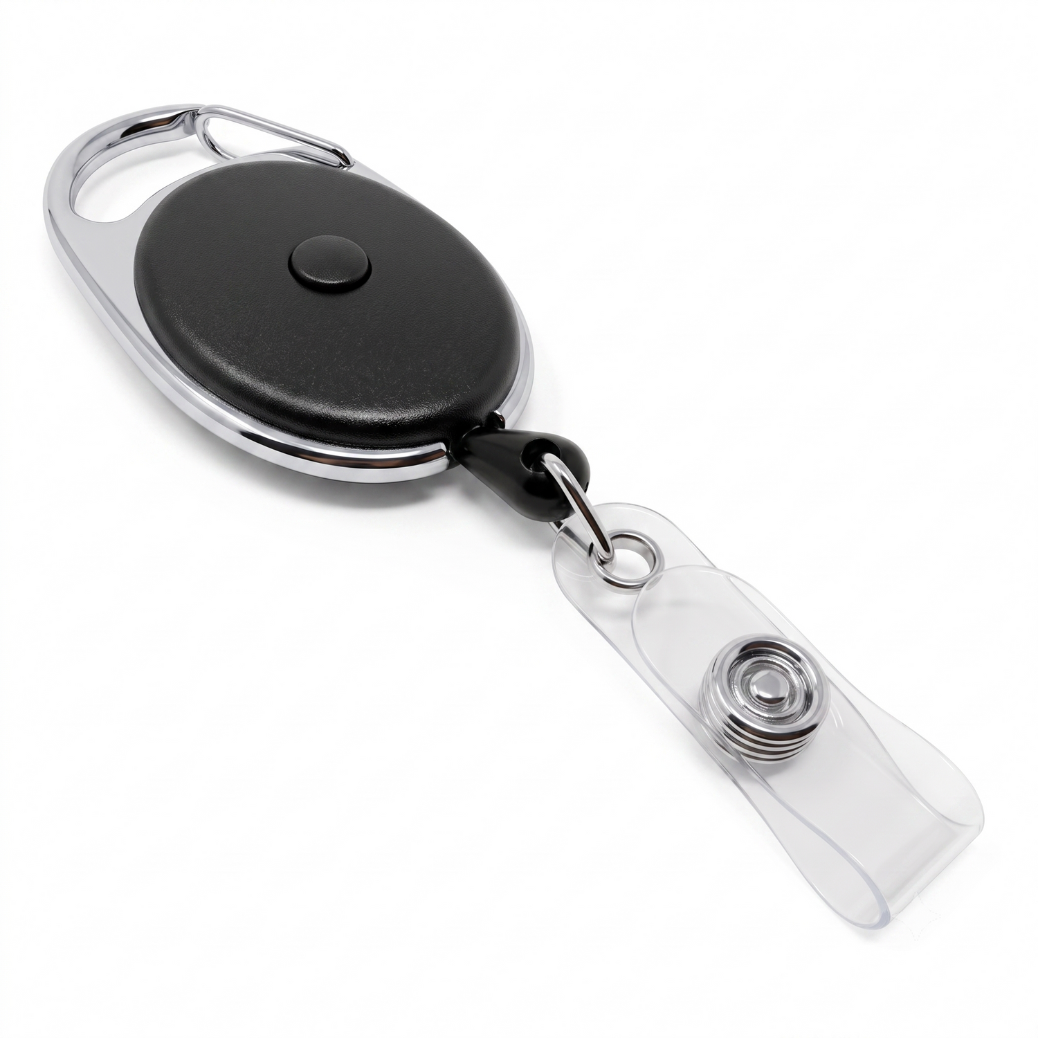 A retractable badge reel with a black oval face, silver metal frame with a push button cord release feature and a vinyl ID strap 