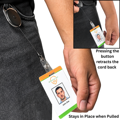 A person uses the Carabiner Locking Badge Reel with Push Button Cord Release - SPID-3530 on their waistband; inset highlights the push button for easy cord retraction. Text emphasizes secure holding and convenient access.