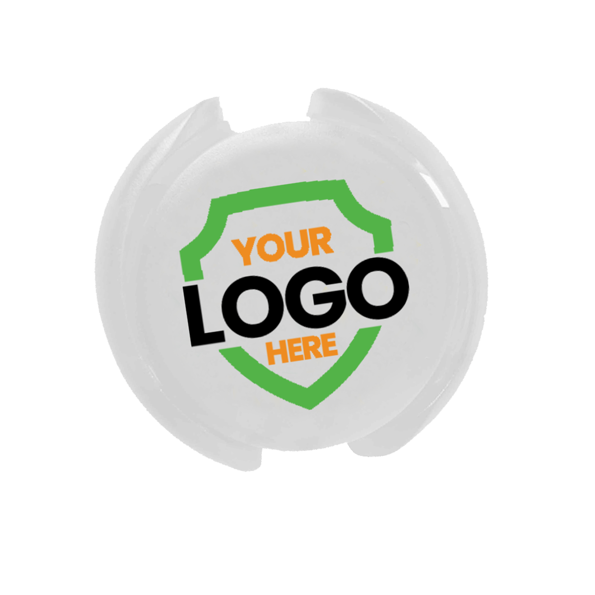 A white circle with green and orange text, perfect for Custom Stethoscope ID Tags - Upload Your Logo to Customize. Sold by Specialist ID.