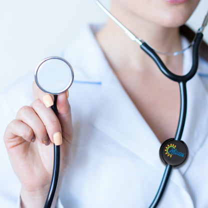 Close-up of a healthcare professional wearing a white coat, holding a stethoscope with Custom Stethoscope ID Tags - Upload Your Logo to Customize, and sporting a badge labeled "Health.