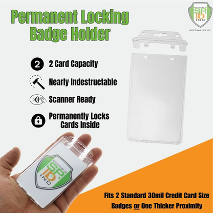 A Clear Vertical Permanent Locking Plastic Card Holder (P/N 1840-6045) is shown. This secure ID card holder fits two standard credit card size badges and is described as nearly indestructible and scanner ready.