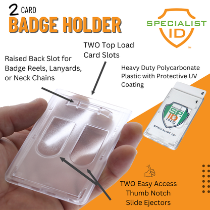 The Frosted Vertical Rigid 2-Card Access Card Dispenser (1840-6550) holds two cards, features top load slots, thumb notches, UV-coated polycarbonate, and a slot for attaching to badge reels, lanyards, or neck chains. Specialist ID branding.