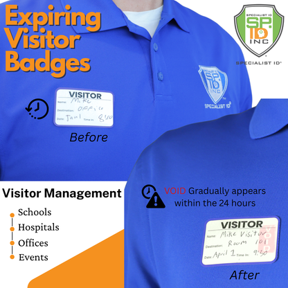 A person in a blue shirt displays the Expiring Visitor Badge Stickers Log Book, showing one-day badges that reveal a VOID mark in 24 hours for secure and effective visitor sign-in and management.