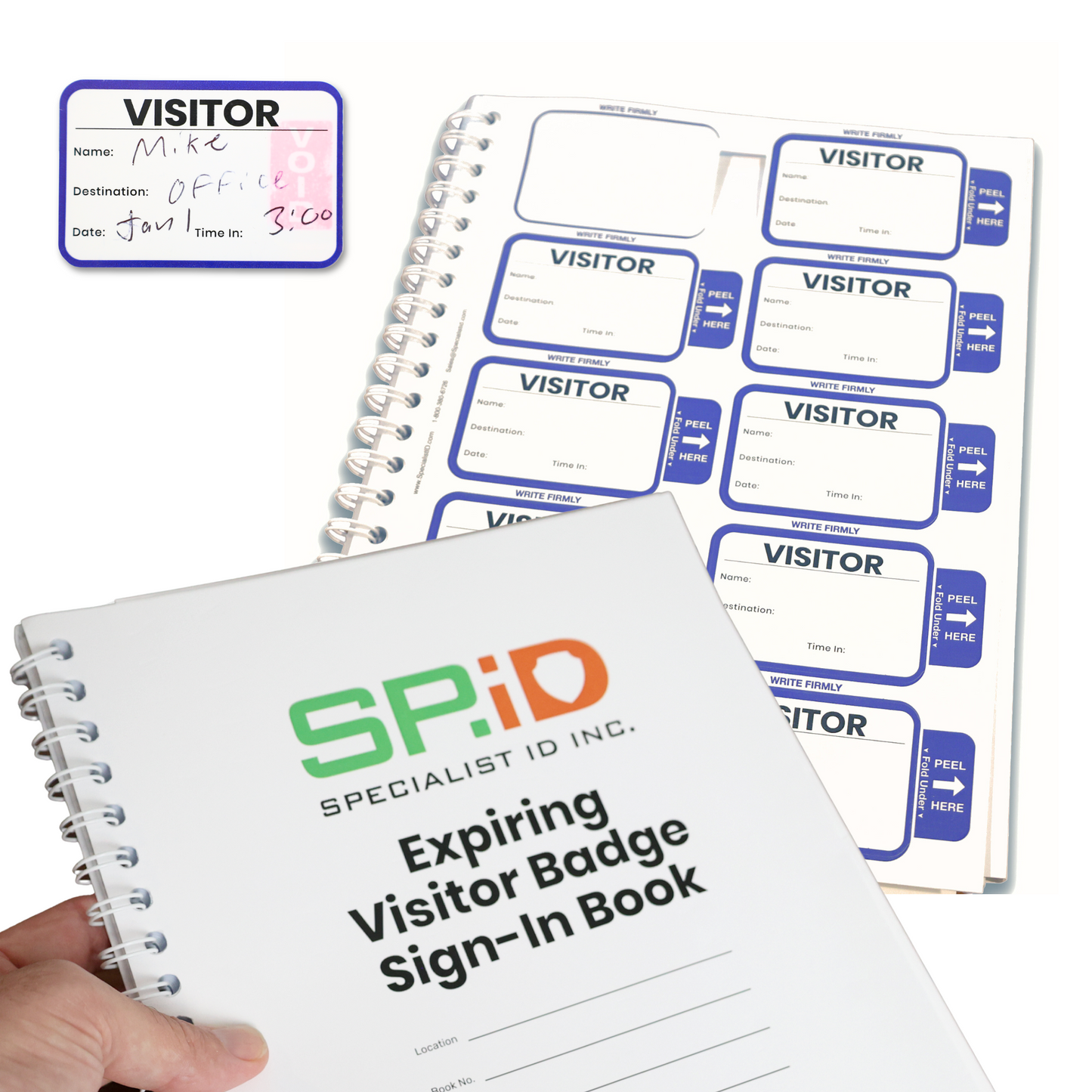 A hand holds the Expiring Visitor Badge Stickers Log Book featuring peel-off one-day security badges labeled "VISITOR"; a filled-out badge appears in the upper left corner.