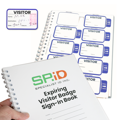 A hand holds the Expiring Visitor Badge Stickers Log Book featuring peel-off one-day security badges labeled "VISITOR"; a filled-out badge appears in the upper left corner.