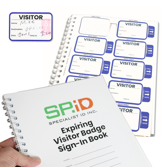 A hand holds the Expiring Visitor Badge Stickers Log Book featuring peel-off one-day security badges labeled "VISITOR"; a filled-out badge appears in the upper left corner.