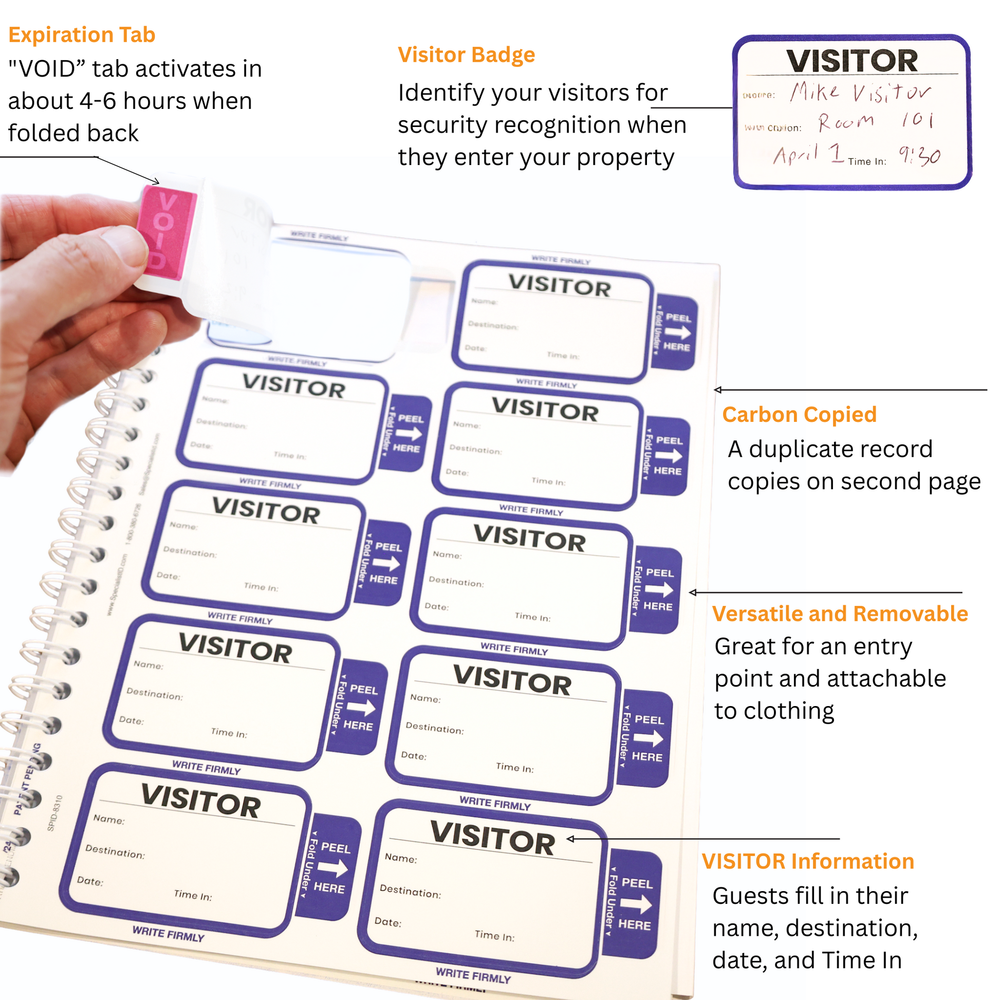 The Expiring Visitor Badge Stickers Log Book features one-day security badges with "VOID" expiration tabs, carbon copy sign-in sheets to record name, date, room, and time, plus easy instructions for visitor tracking.