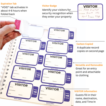 The Expiring Visitor Badge Stickers Log Book features one-day security badges with "VOID" expiration tabs, carbon copy sign-in sheets to record name, date, room, and time, plus easy instructions for visitor tracking.