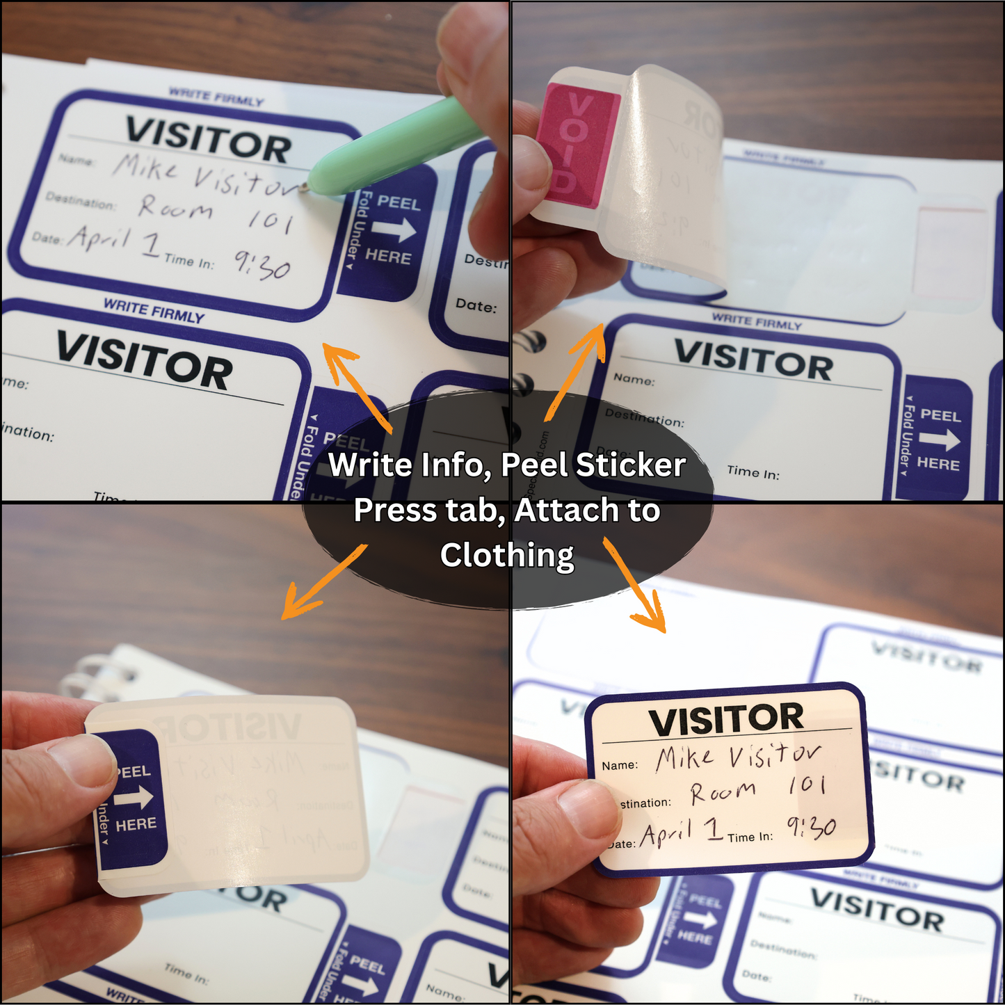 Four-step process with Expiring Visitor Badge Stickers Log Book: Fill out a one-day security badge, peel off the sticker, press the tab, and attach to clothing; includes sign-in records for added visitor tracking.