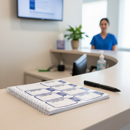 The Expiring Visitor Badge Stickers Log Book—featuring one-day security badges and a sign-in sheet—sits on a medical office reception desk as a receptionist in blue scrubs works nearby. Only CSS code is provided, not a product description.