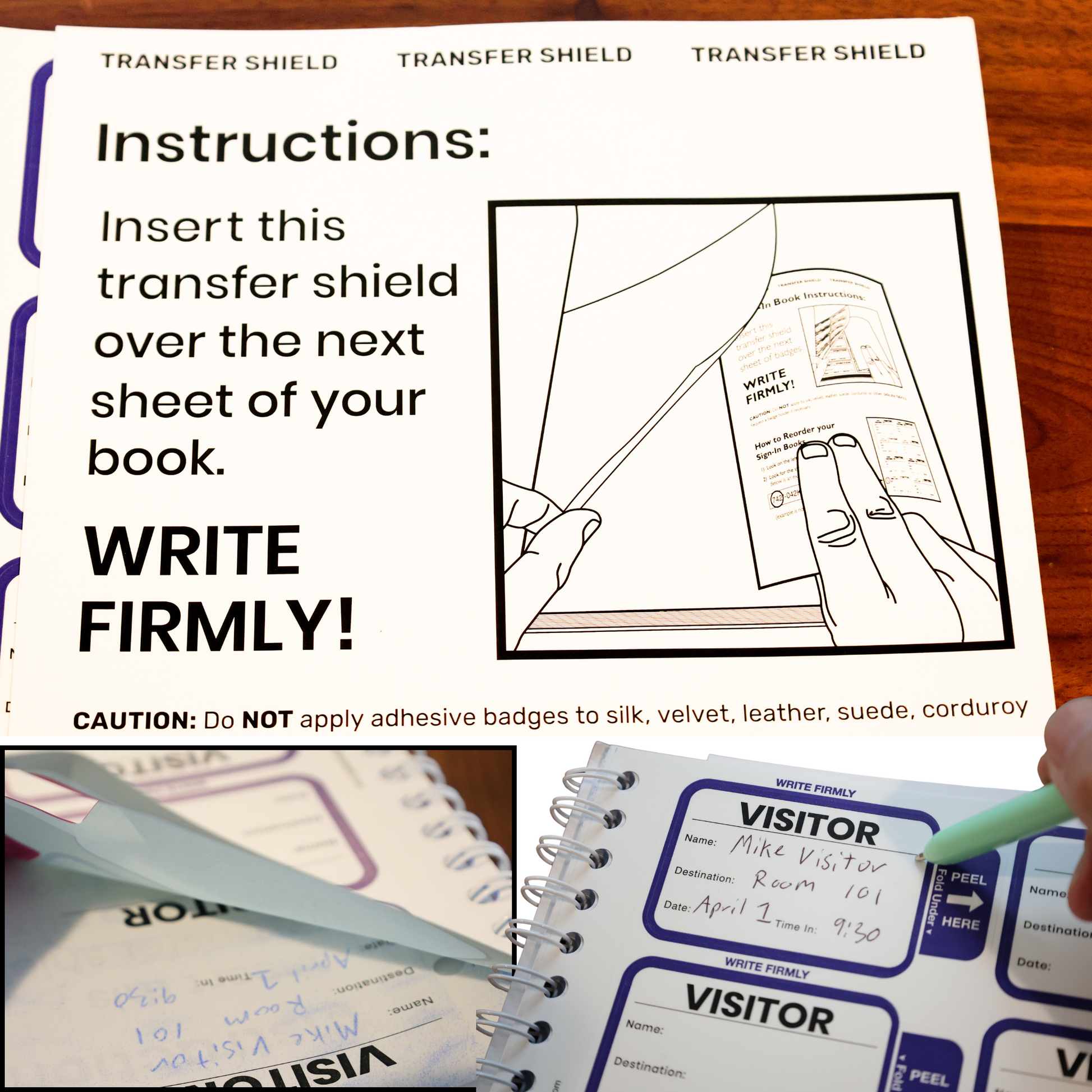 A hand places an Expiring Visitor Badge Sticker from the Log Book onto a notebook page, following printed instructions, while filling out a one-day security badge form with a pen for visitor sign-in records.