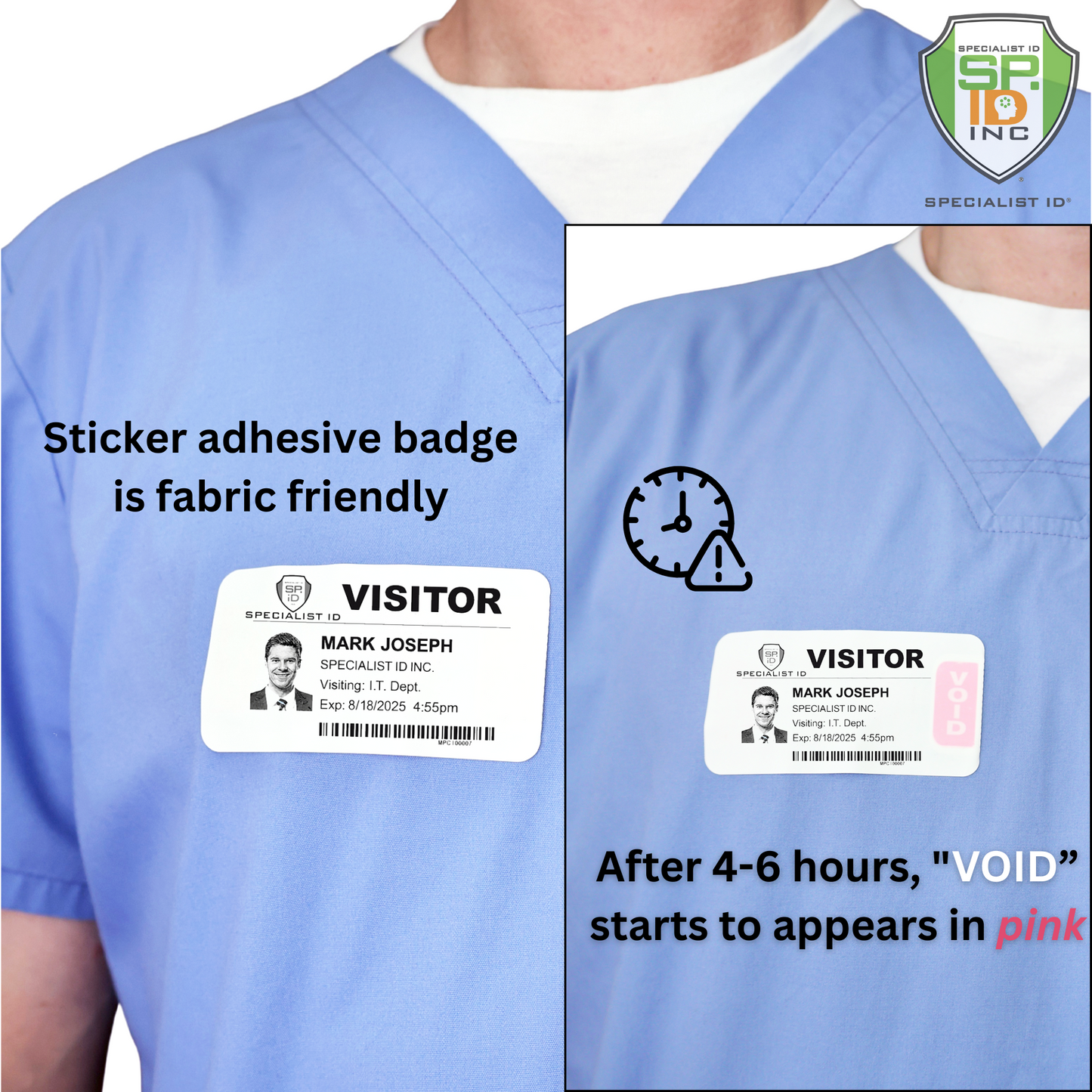 A person in blue scrubs wears a Printable Expiring Visitor Badge Roll Sticker (SPID-8340), which is fabric-friendly and displays "VOID" in pink after 4–6 hours.