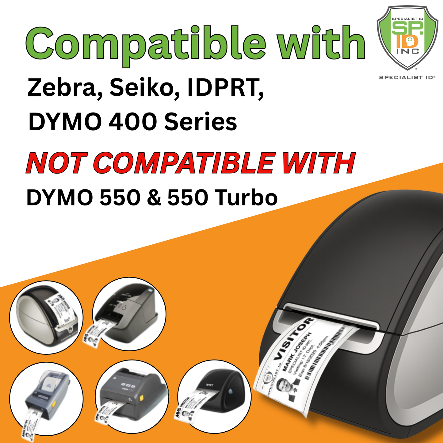 Image showing Printable Expiring Visitor Badge Roll Stickers for Thermal Printers (SPID-8340), compatible with Zebra, Seiko, IDPRT, DYMO 400 Series. Not compatible with DYMO 550 & 550 Turbo.