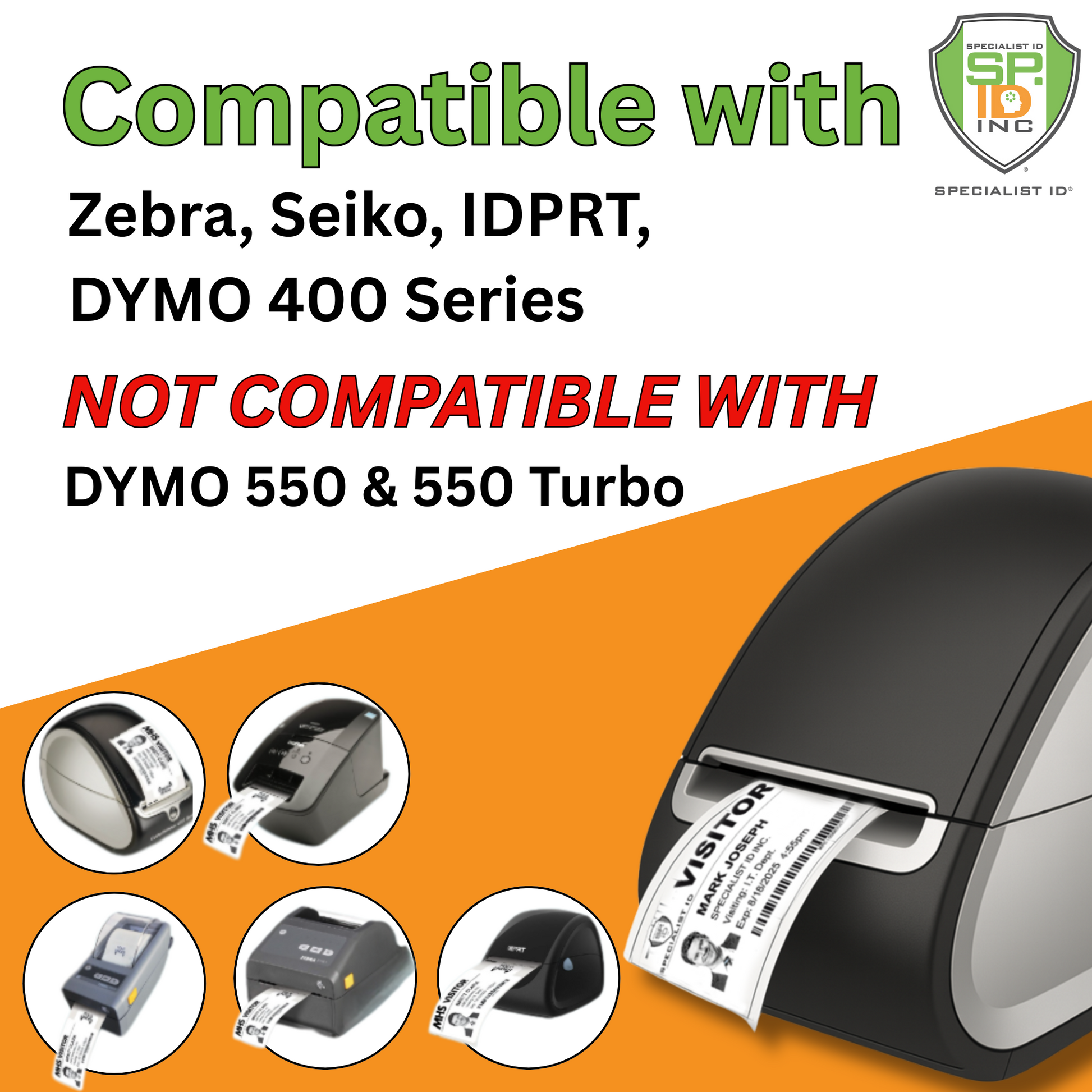 Image showing Printable Expiring Visitor Badge Roll Stickers for Thermal Printers (SPID-8340), compatible with Zebra, Seiko, IDPRT, DYMO 400 Series. Not compatible with DYMO 550 & 550 Turbo.