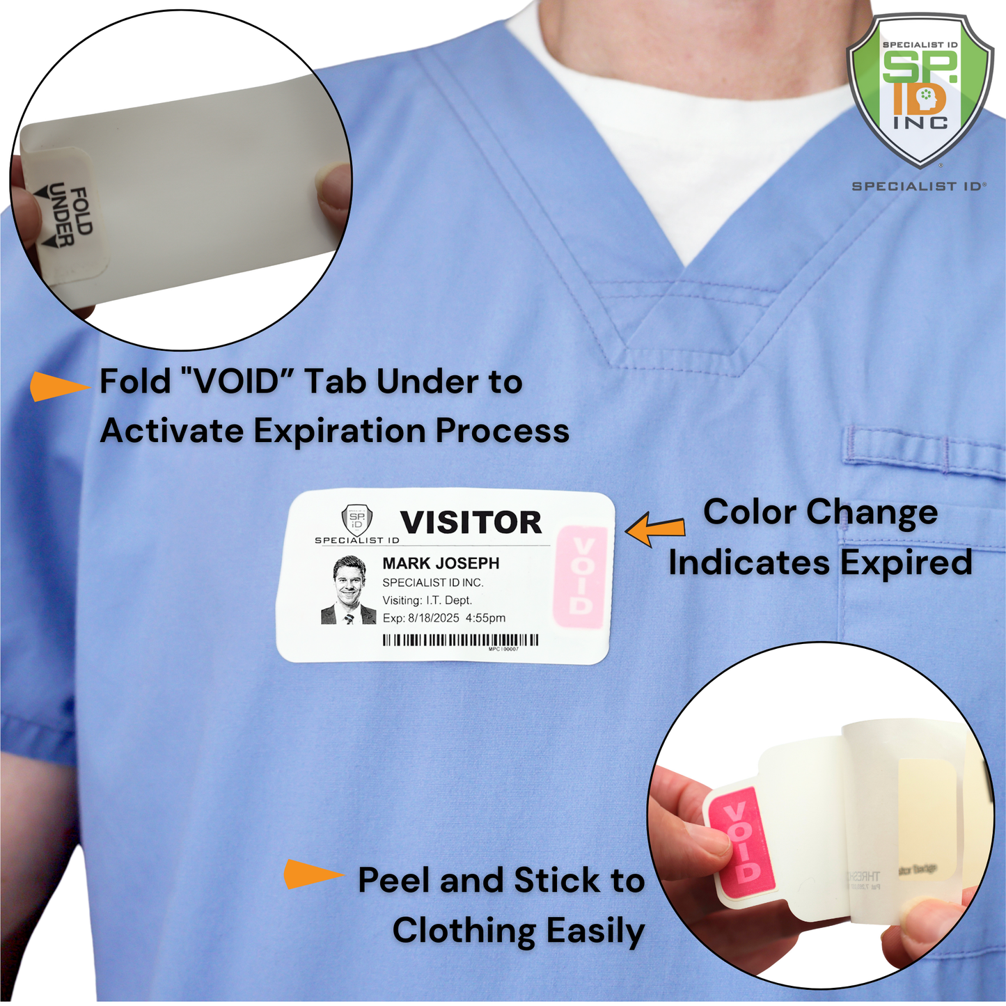 A person displays a Printable Expiring Visitor Badge Roll Sticker for Thermal Printers (SPID-8340); fold the "VOID" tab to trigger expiration, watch for color change, and use the peel-and-stick backing to attach it to clothing.