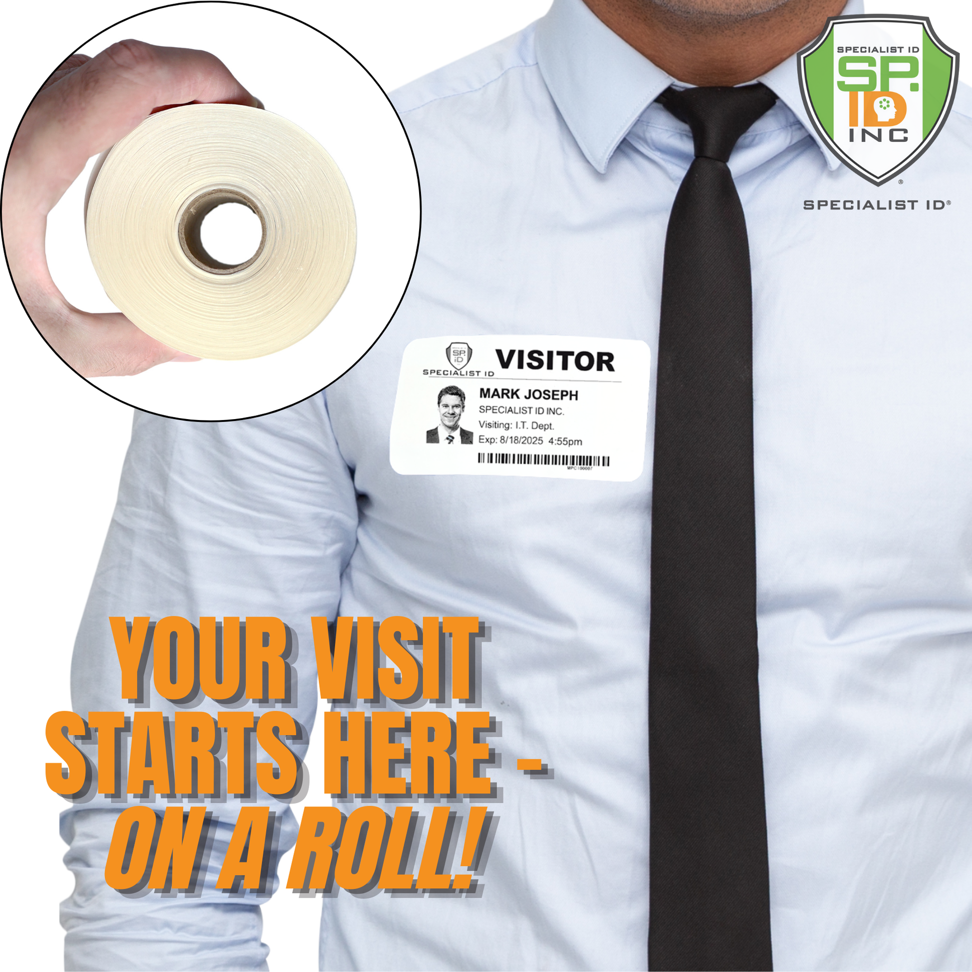 A person wears a Printable Expiring Visitor Badge (SPID-8340); inset shows a roll of badge stickers for thermal printers. Text: "Your visit starts here—with Printable Expiring Visitor Badge Roll Stickers!.
