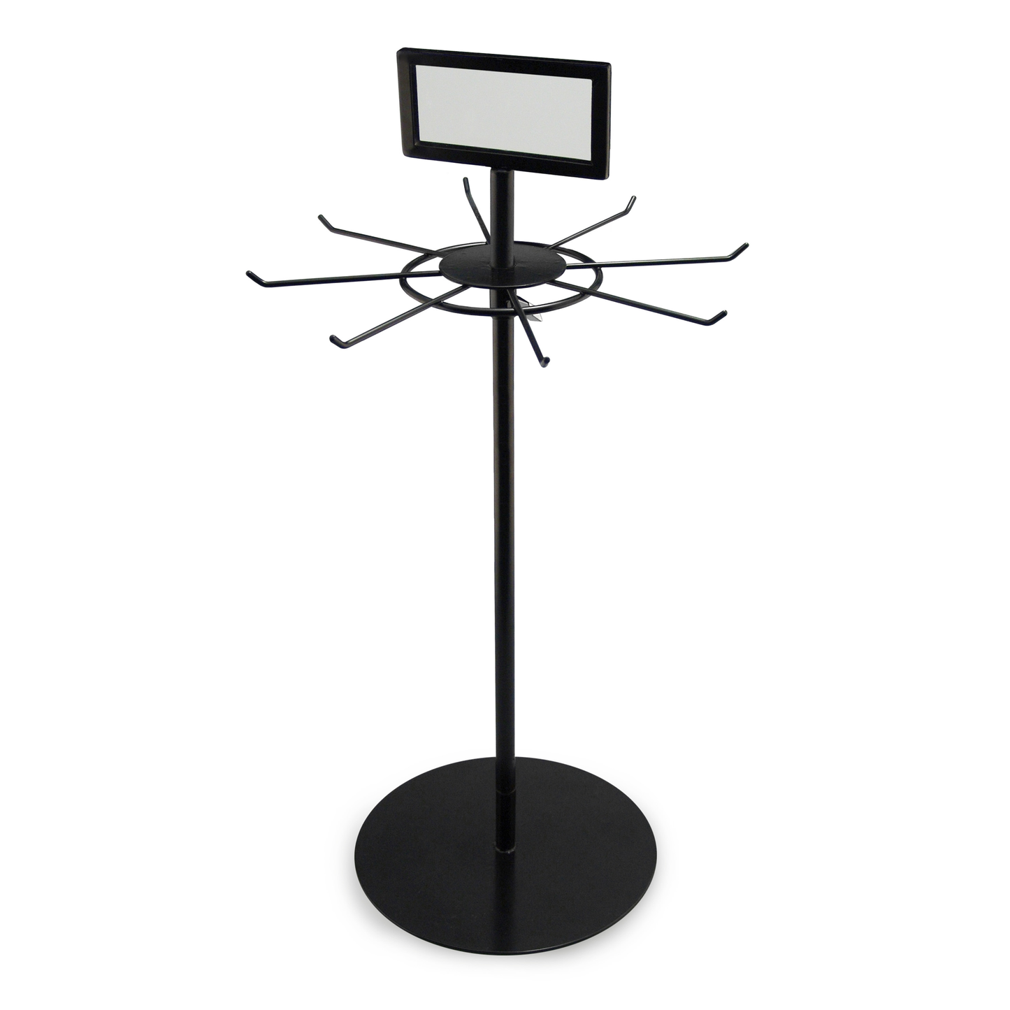 Black rotating tabletop lanyard display stand with sign holder
