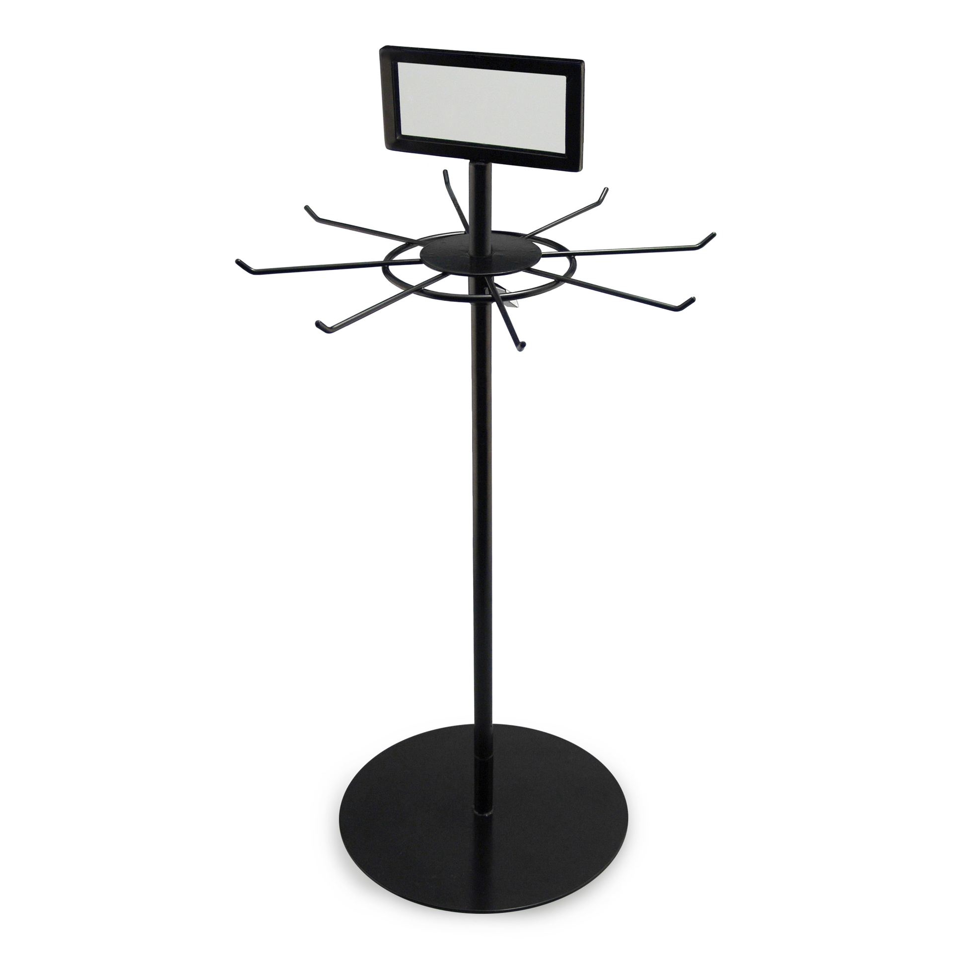 Black rotating tabletop lanyard display stand with sign holder