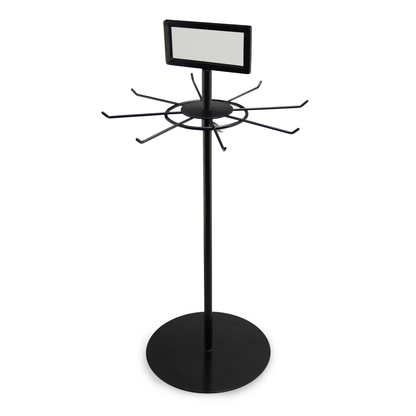 Black rotating tabletop lanyard display stand with sign holder