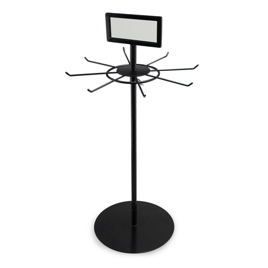 The Rotating Lanyard Display Stand with Sign Holder (SPID-8660) is a heavy-duty tabletop organizer with multiple hooks and a sturdy base, ideal for events, retail, and check-in badge holder displays.
