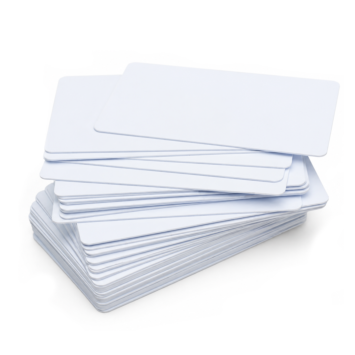 A stack of Professional CR80 30 mil Composite PVC/PET Cards from the 500 pack, compatible with most printers, is arranged on a white surface.