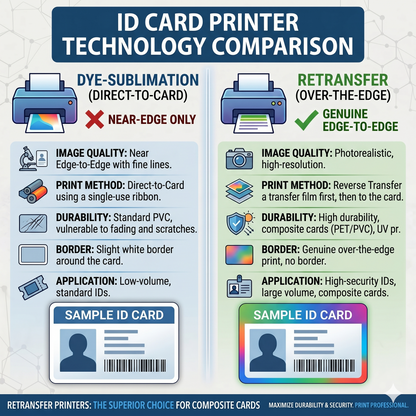 Infographic comparing dye-sublimation and retransfer ID card printers, detailing print methods, image quality, durability, border capabilities, application scenarios, and sample ID cards for each type—including how both technologies perform when printing on Professional CR80 30 mil Composite PVC/PET Cards (500 Pack – compatible with most printers), which are ideal for demanding environments due to their heat resistance.