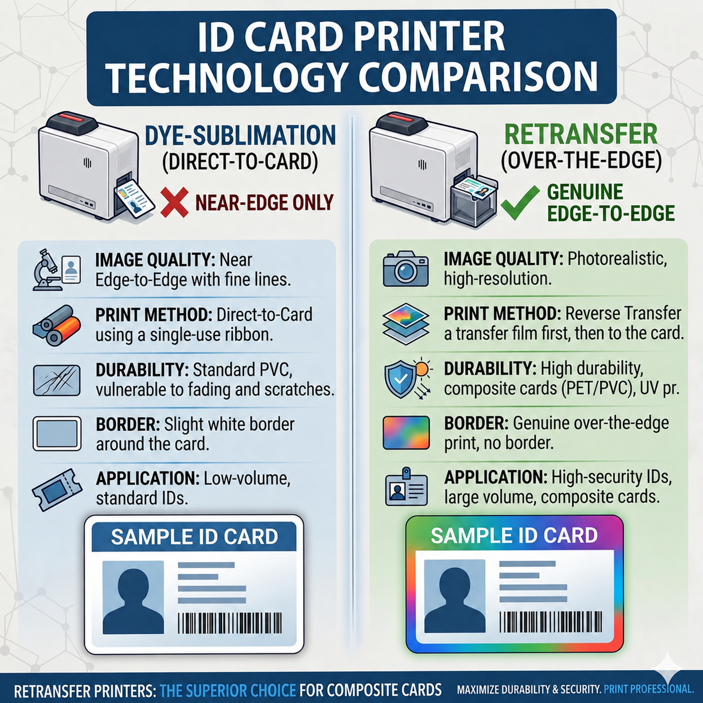 Infographic comparing dye-sublimation and retransfer ID card printers by image quality, print method, durability, border finish, and typical applications—including sample ID card images for each printer type and details on their compatibility with composite cards such as Blank Composite Cards for Retransfer ID Printers (CR80 30 Mil PET PVC blend), which are designed for use with Magicard Prima 4, Prima 8, and Fargo HDP printers commonly used in professional ID badge printing.