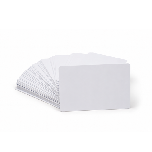 Stack of white credit card sized composite cards (PET / PVC Blend)  cards on a white background