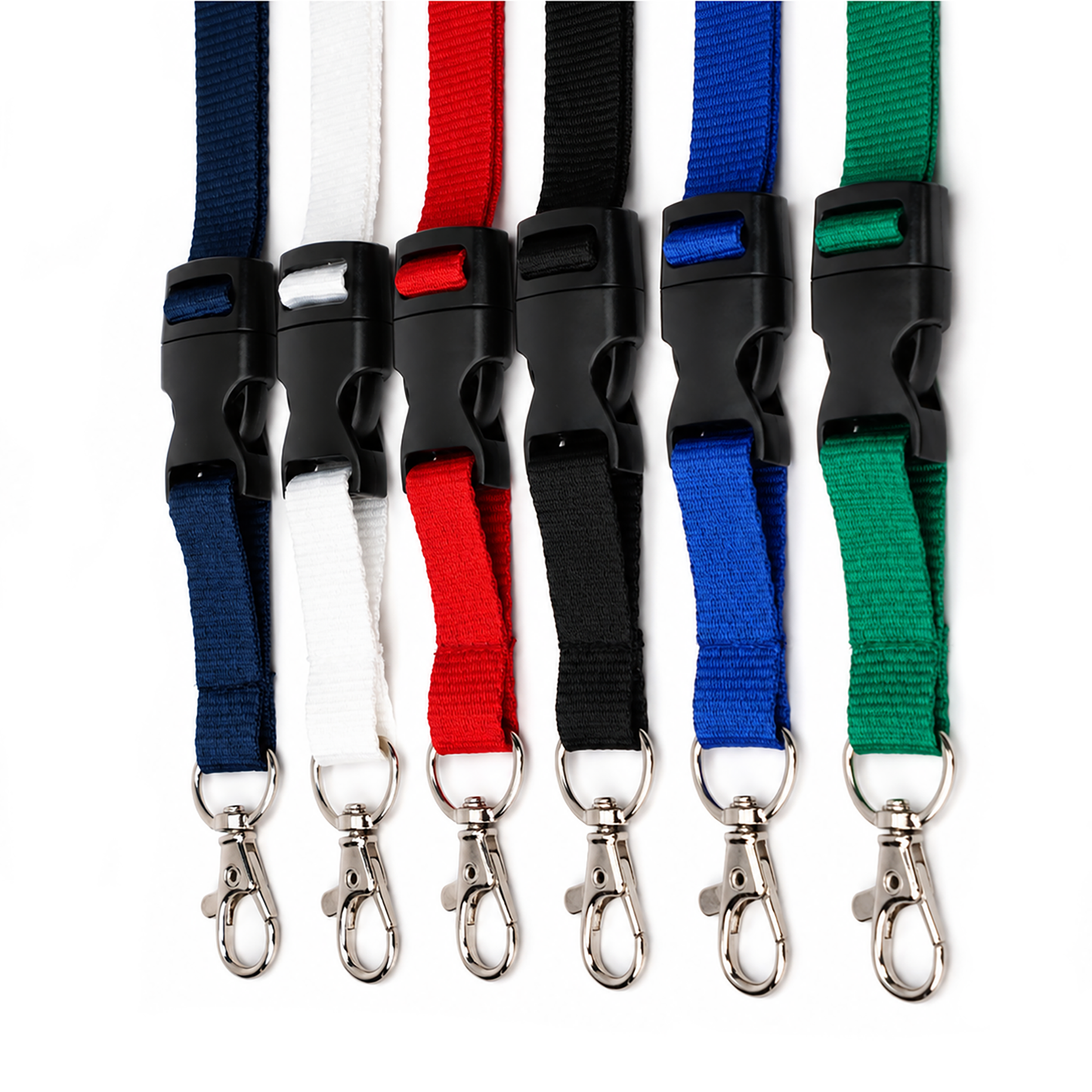 Six Premium Wide Breakaway Lanyards (2138-362X) with metal clips, black plastic buckles, and detachable lobster claw clasps are arranged vertically in blue, white, red, black, green, and navy blue—ideal for keys or badges.