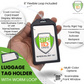 A hand holds a Heavy Duty Luggage Tag (1840-620X) with a 6" plastic loop, card display window for business cards or inserts, sturdy design, multi-color options, and a scannable QR code.