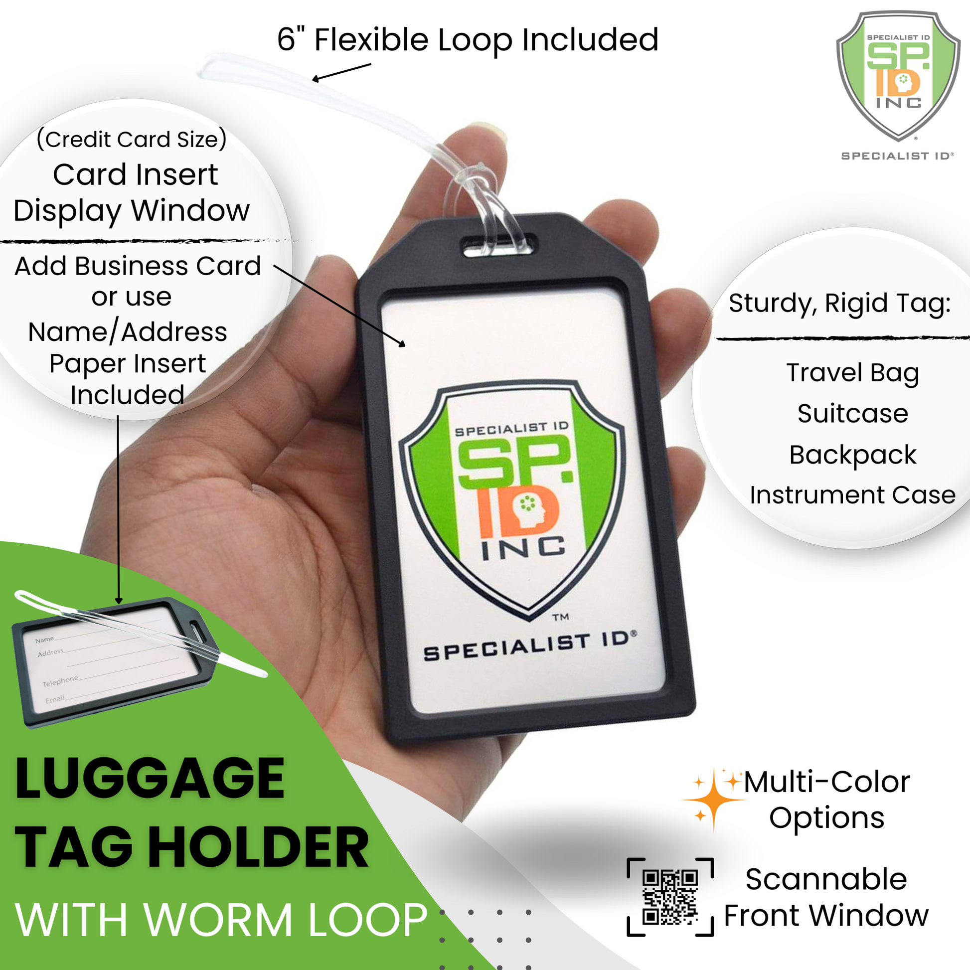 A hand holds a Heavy Duty Luggage Tag (1840-620X) with a 6" plastic loop, card display window for business cards or inserts, sturdy design, multi-color options, and a scannable QR code.