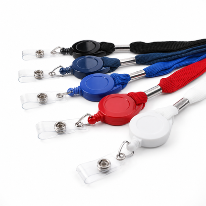 Five Cruisin Through Life™ retractable badge holders - great for your cabin cards - are arranged in a row on a white background, showcasing the complete 5 Pack Family Pack in black, navy blue, blue, red, and white.