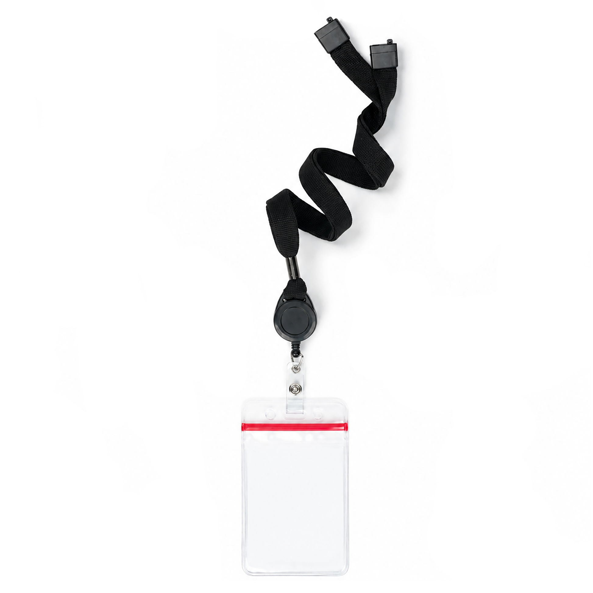 Cruisin Through Life™ Retractable Badge Holder, designed for your cabin cards, featuring a black lanyard with plastic retractable ID badge holder attached to clear, empty vertical card holder with red zip closure.
