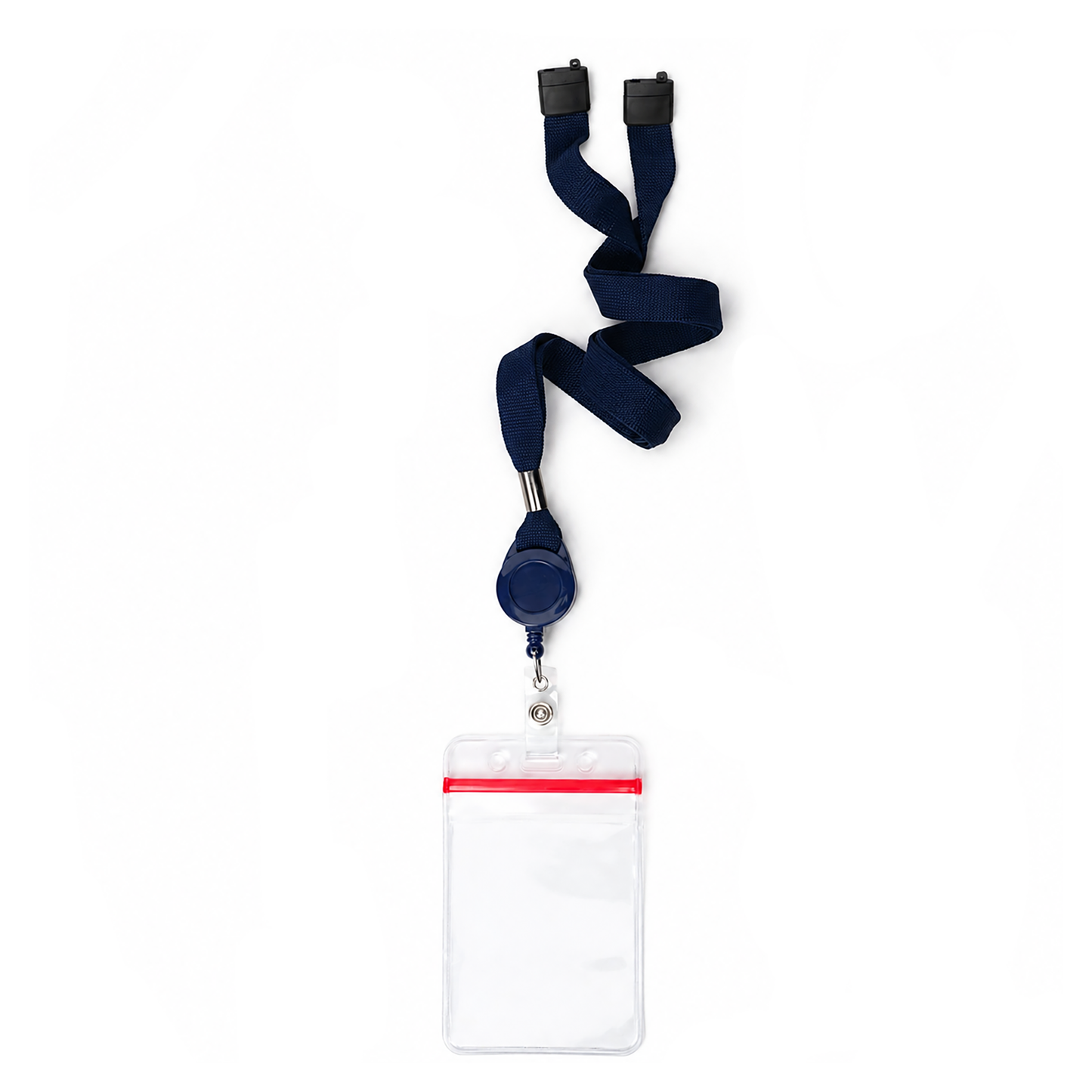 Cruisin Through Life™ Retractable Badge Holder, designed for your cabin cards, featuring a navy blue lanyard with plastic retractable ID badge holder attached to clear, empty vertical card holder with red zip closure.