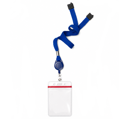Cruisin Through Life™ Retractable Badge Holder, designed for your cabin cards, featuring a royal blue lanyard with plastic retractable ID badge holder attached to clear, empty vertical card holder with red zip closure.