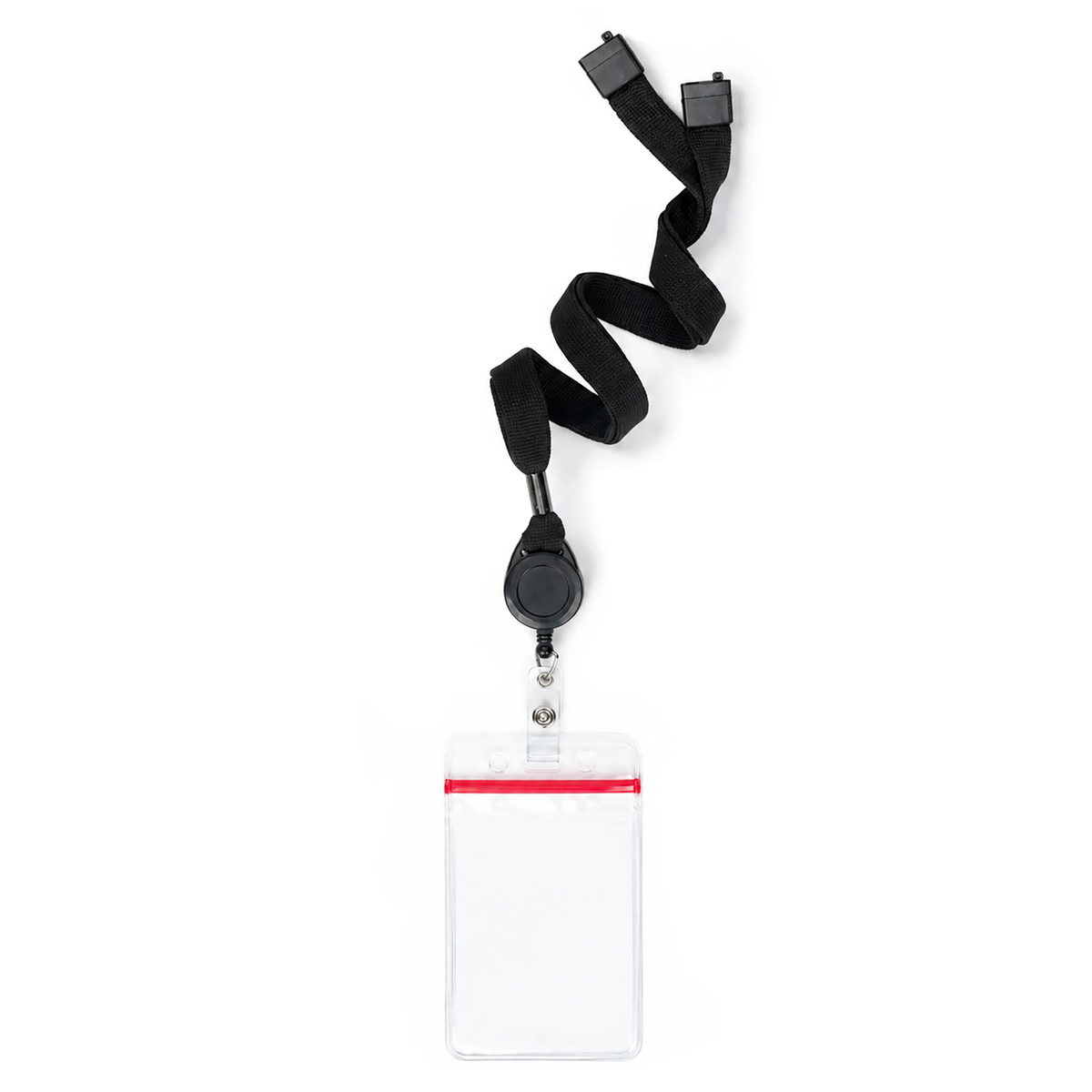 SPID-9101-BLACK Black - Cruisin Through Life™ Retractable Badge Reel Lanyard with Resealable Zip Holder (SPID-9101) featuring a black breakaway lanyard, retractable reel, and clear vertical resealable ID holder.