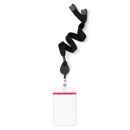 SPID-9101-BLACK Black - Cruisin Through Life™ Retractable Badge Reel Lanyard with Resealable Zip Holder (SPID-9101) featuring a black breakaway lanyard, retractable reel, and clear vertical resealable ID holder.