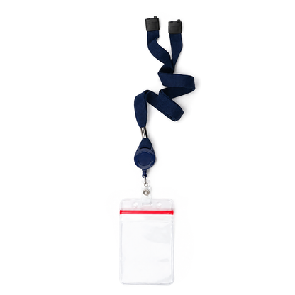 SPID-9101-NAVY Navy Blue - Cruisin Through Life™ Retractable Badge Holder, designed for your cabin cards, featuring a navy blue lanyard with plastic retractable ID badge holder attached to clear, empty vertical card holder with red zip closure.