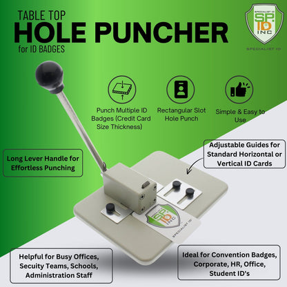 A Heavy Duty Table Top Slot Punch for ID Badges with Adjustable Guides (SPID-9620) with an ergonomic lever handle, adjustable guides for horizontal or vertical PVC cards, and a heavy-duty rectangular slot punch. Suitable for various professional settings.