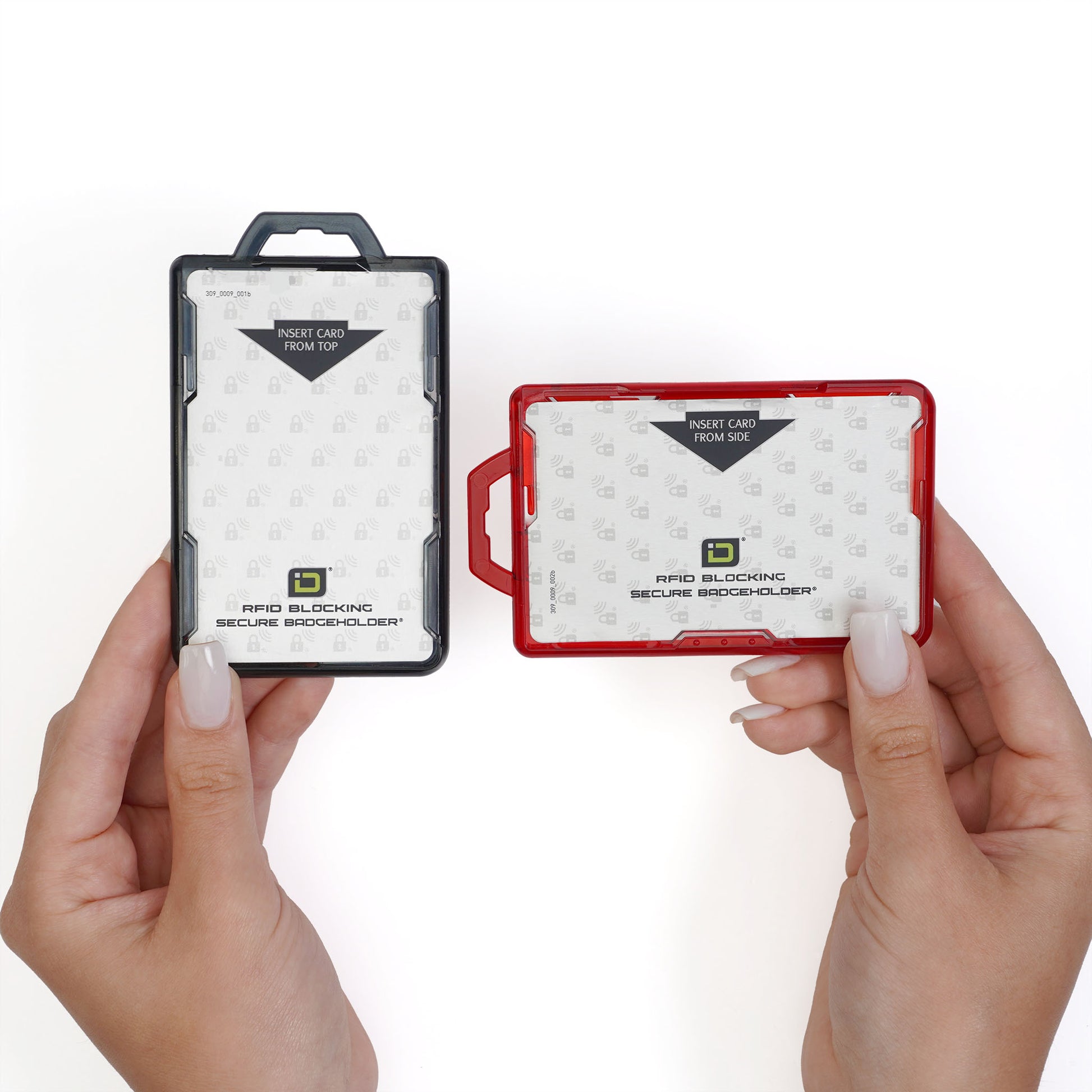 Two hands hold Identity Stronghold RFID Blocking Secure ID Badgeholder DuoLite 2 Sided Shielded Badge Holders in black and red against a white background. Each durable polycarbonate holder contains a card instructing users to insert cards from the top or side, and blocks 13.56MHz signals for enhanced security.