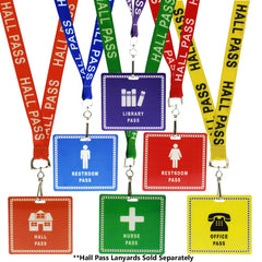 Set of six Custom Hall Pass Badges - Design Your Own Passes for School, Hospital, Events by Specialist ID includes waterproof laminated cards labeled: library, male restroom, female restroom, nurse, office, and hall pass. Each badge features a unique color and icon for easy identification. *Note: Lanyards are sold separately.*.