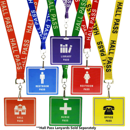 Set of six Custom Hall Pass Badges - Design Your Own Passes for School, Hospital, Events by Specialist ID includes waterproof laminated cards labeled: library, male restroom, female restroom, nurse, office, and hall pass. Each badge features a unique color and icon for easy identification. *Note: Lanyards are sold separately.*.