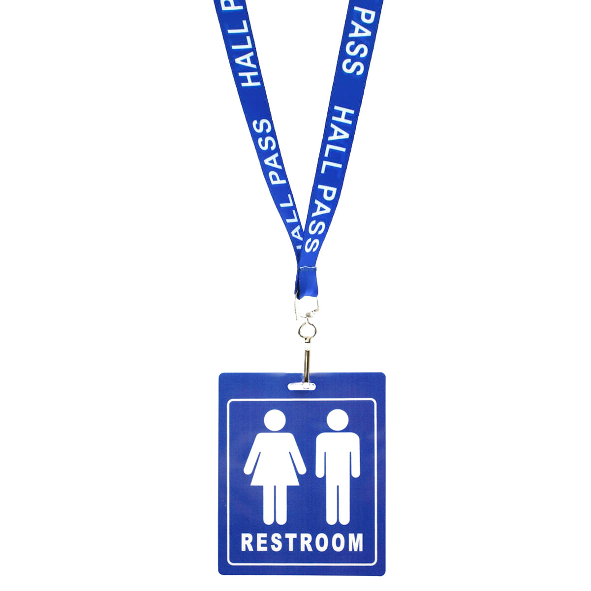 blue hall pass breakaway lanyard clipped to blue unisex restroom  pass card