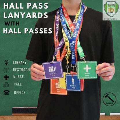 A person wearing multiple colorful lanyards with school hall passes for the library, restroom, nurse, hall, and office. Text on the image highlights the waterproof laminated School Hall Pass Lanyards WITH UNBREAKABLE CARD PASSES (SPID-9800) and their uses. A logo reads "Specialist ID Inc.