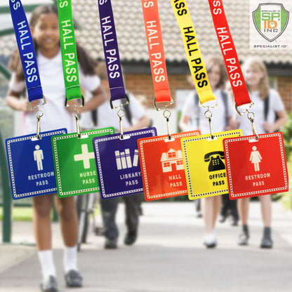 Colorful, waterproof School Hall Pass Lanyards WITH UNBREAKABLE CARD PASSES (SPID-9800) hang on lanyards with a safety breakaway buckle in front of a school scene, where children walk in the background.