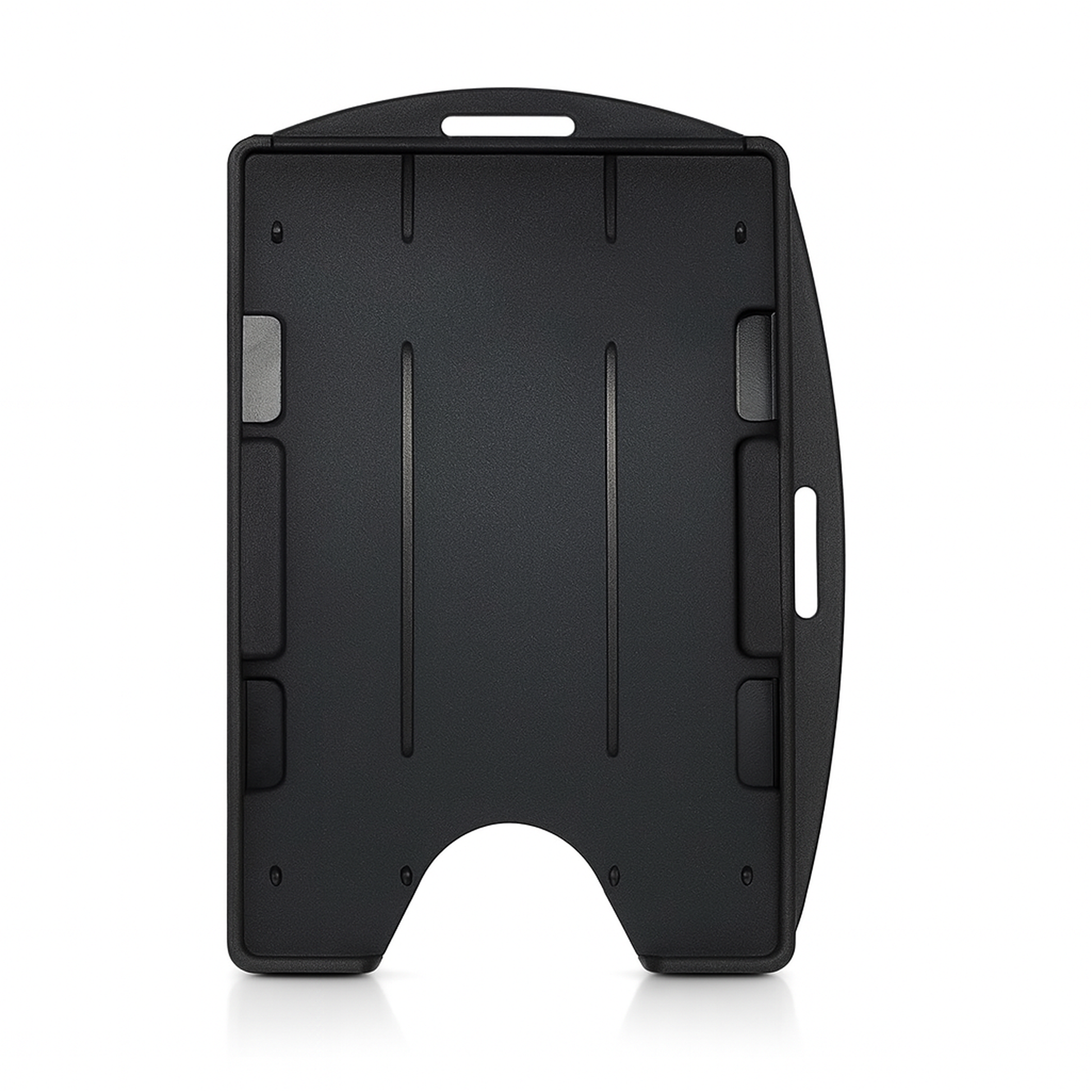 A black, rigid plastic badge holder with a vertical design and multiple slot openings for attachment options. It functions as a Two Card Holder - Rigid Open-Faced (P/N AH-150), keeping your IDs securely in place.