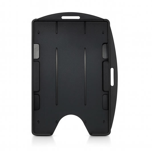 A black, rigid plastic badge holder with a vertical design and multiple slot openings for attachment options. It functions as a Two Card Holder - Rigid Open-Faced (P/N AH-150), keeping your IDs securely in place.